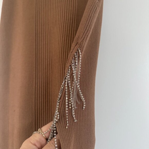 NWT Nicholas Mariana Midi Skirt In Nude Rib Knit Asymmetrical Crystal Fringe XS - Picture 7 of 10